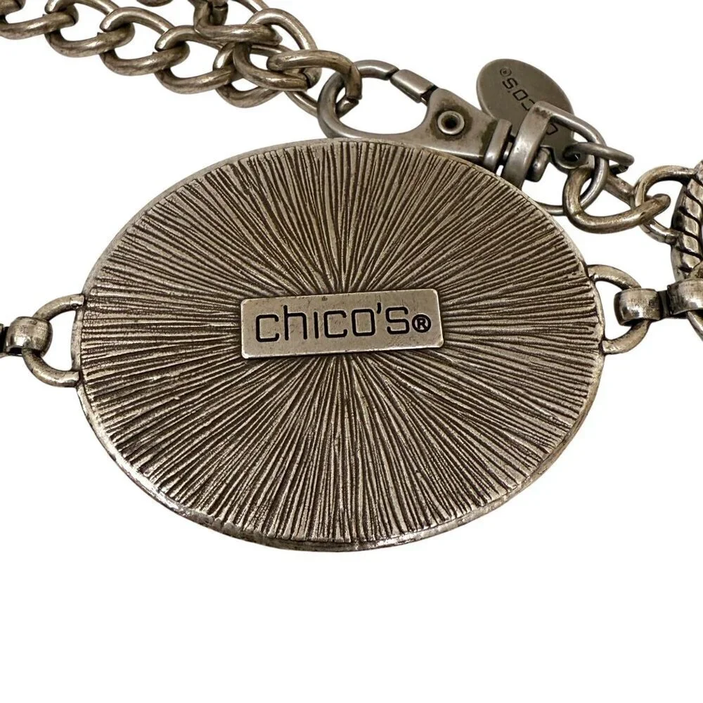 Chico's Link Belt Faux Turquoise Medallion Silvertone Chain Western Concho